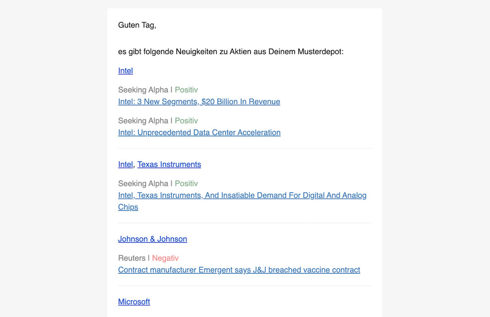 Jeden Morgen alle News zu Aktien aus deiner Watchlist oder Musterdepot per E-Mail