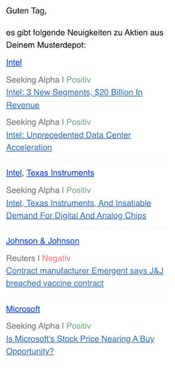 Auf dem Smartphone jeden Morgen alle News zu Aktien aus deiner Watchlist oder Musterdepot per E-Mail
