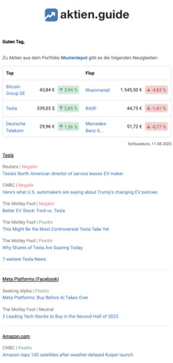 Auf dem Smartphone jeden Morgen alle News zu Aktien aus deiner Watchlist oder Musterdepot per E-Mail